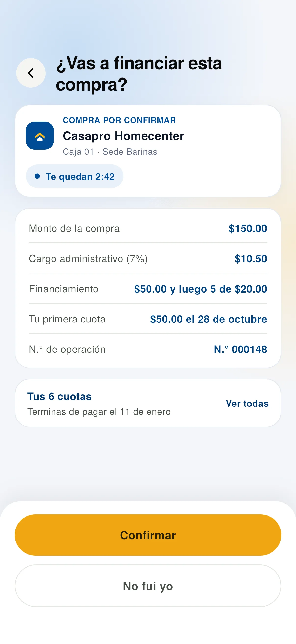 Compra por confirmar con el cargo y las cuotas