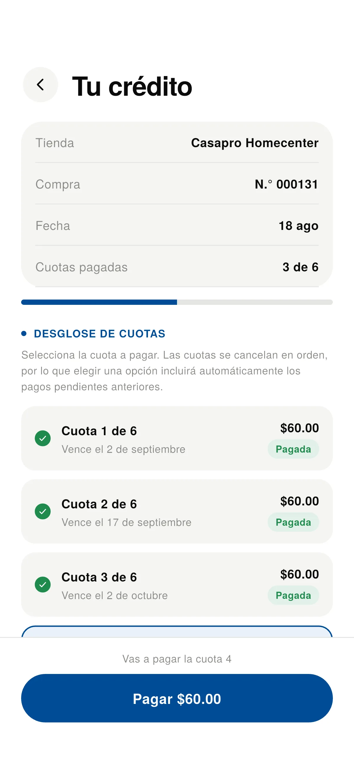 Desglose de cuotas de un crédito