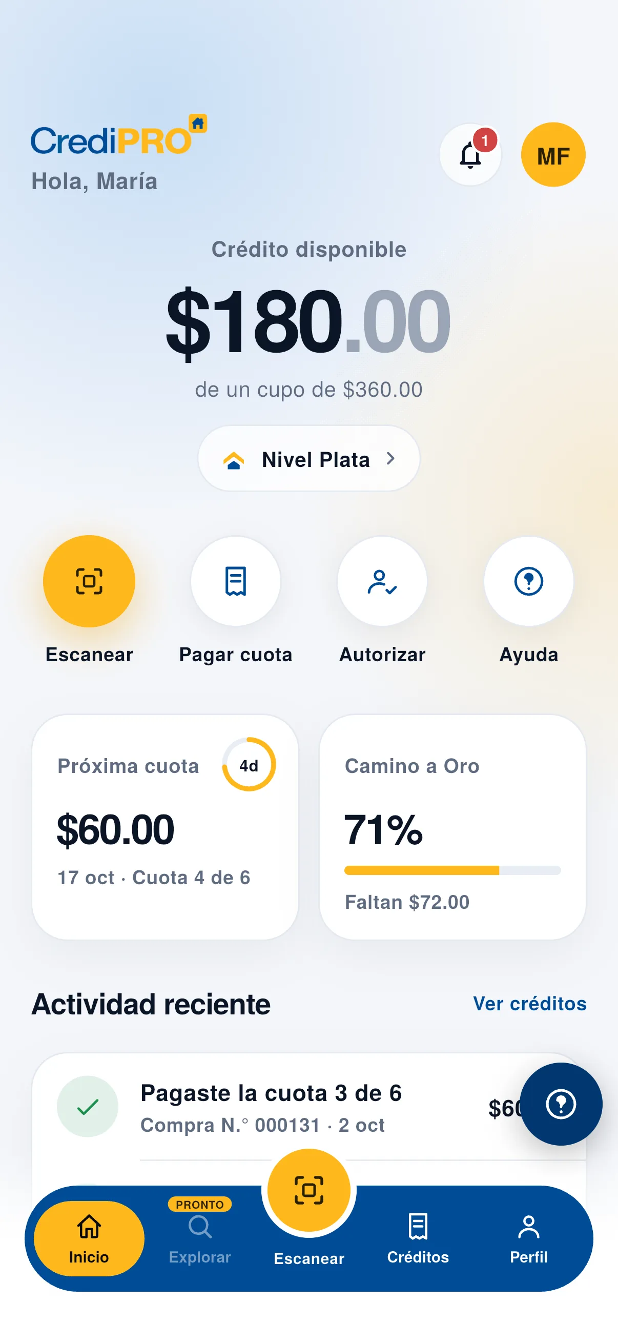 Inicio de la app: crédito disponible, Escanear y Pagar cuota
