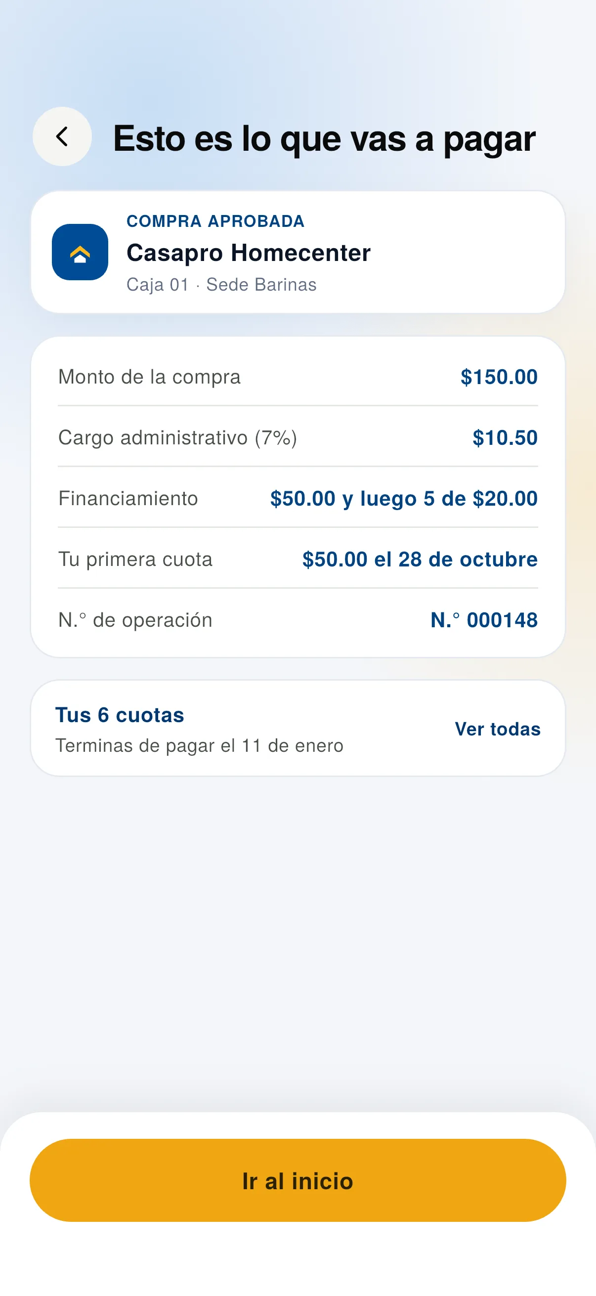 Compra confirmada: paga el cargo en la caja